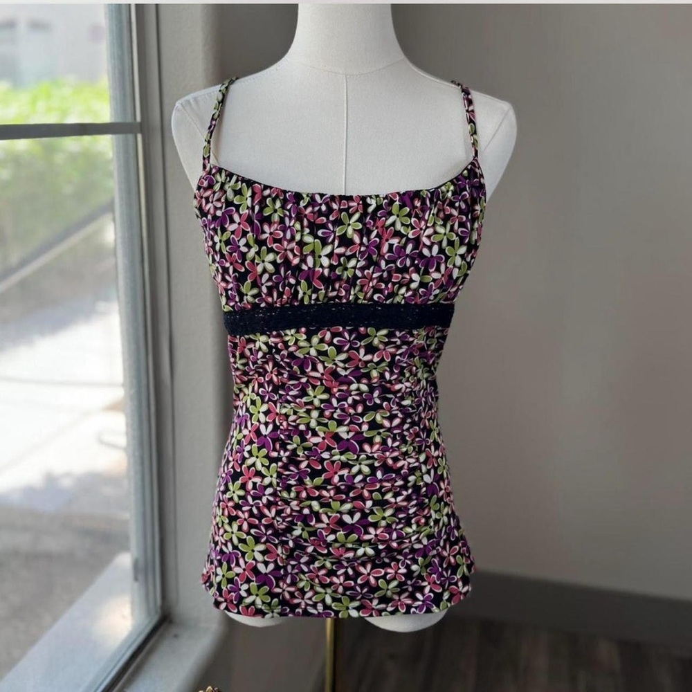 Trixxi Y2K Floral Tank Top With Black Lace Scrunched Size Large 2000s